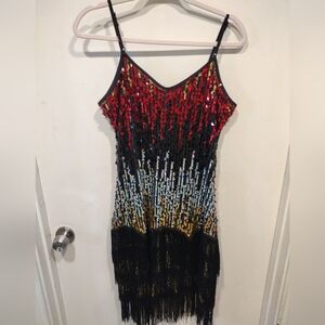 Unbranded Red Gold & Silver 1920's Flapper Costume Fringed Party Dress L-Gatsby